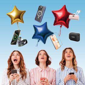 3 women looking up staring at 3 star shaped balloons and phones